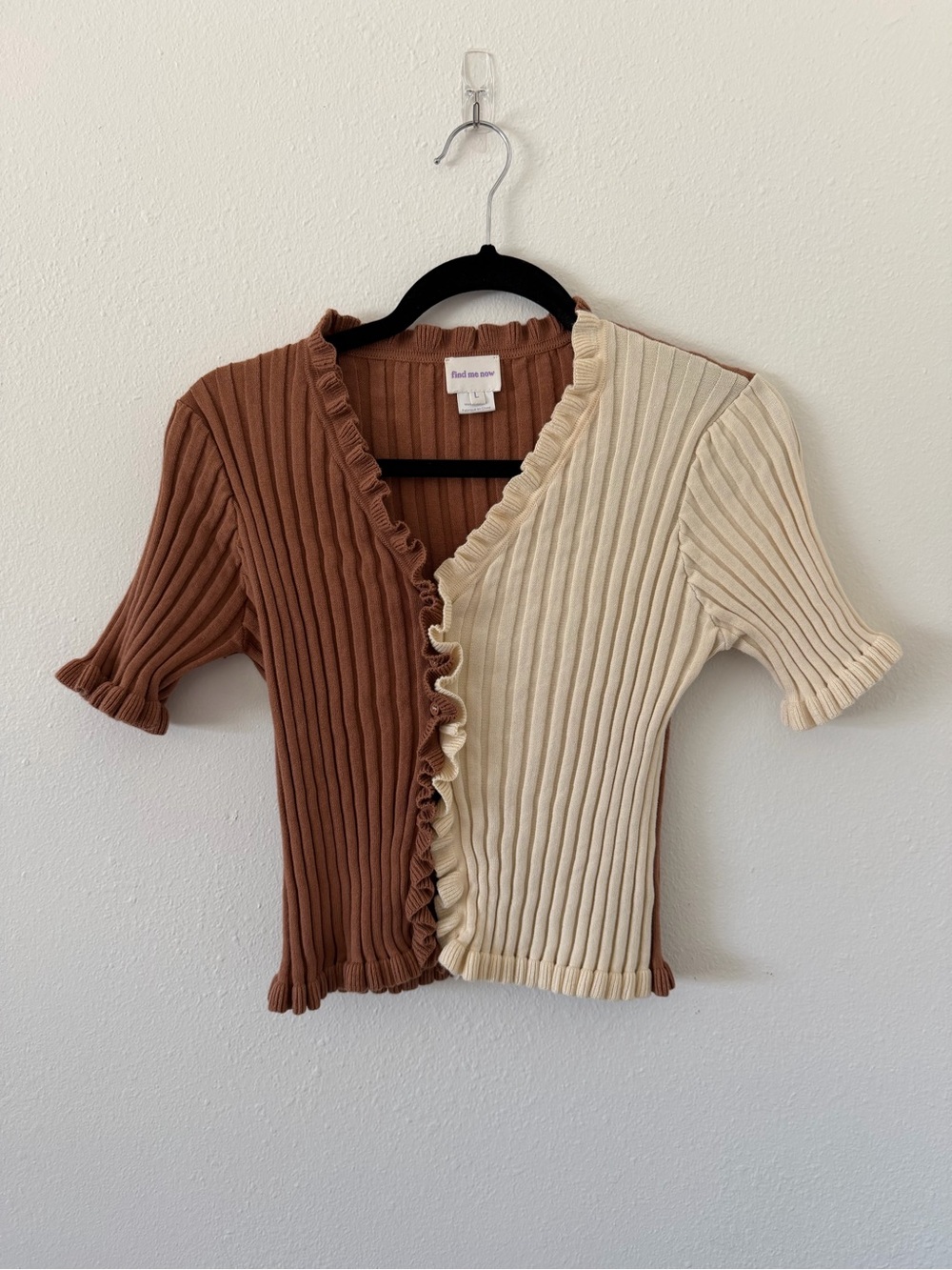 Two-Tone Ribbed Ruffle Cardigan - Brown & Cream
